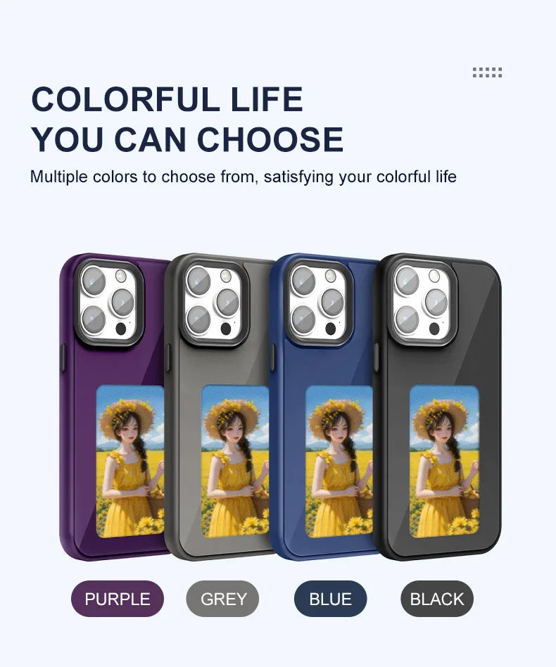 Custodia NFC per iPhone con display E-Ink (senza batteria, 4 colori, compatibile con iPhone 13–16 Pro Max)