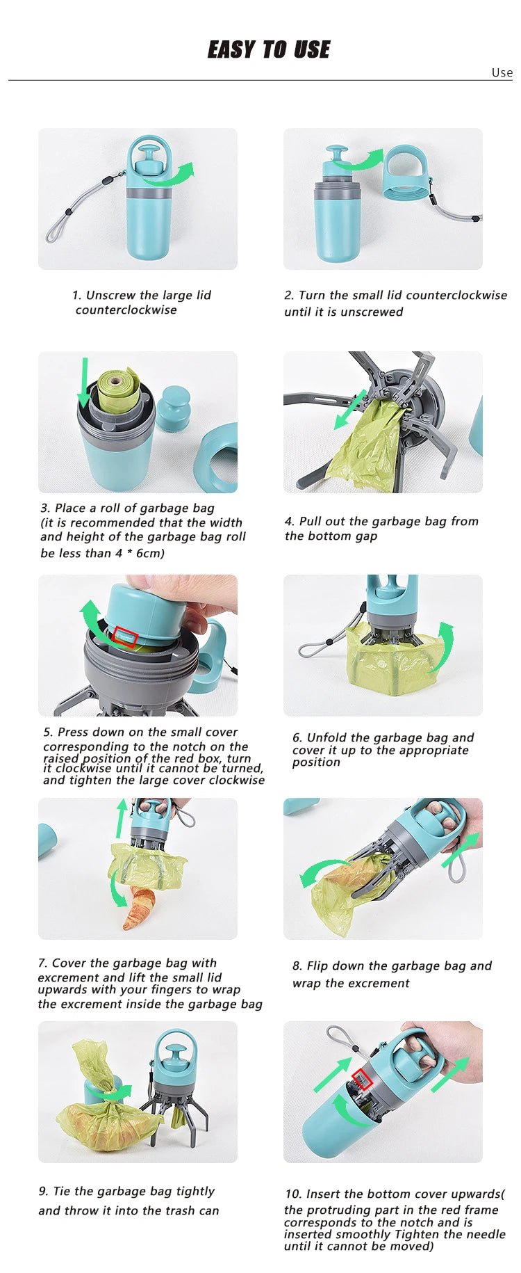 Paletta portatile per escrementi di cane – Raccoglitore di rifiuti senza contatto con distributore di sacchetti integrato