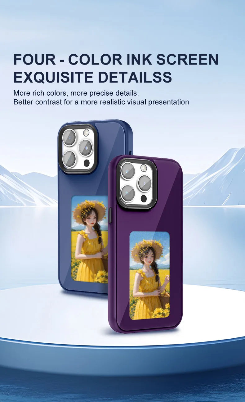 Custodia NFC per iPhone con display E-Ink (senza batteria, 4 colori, compatibile con iPhone 13–16 Pro Max)