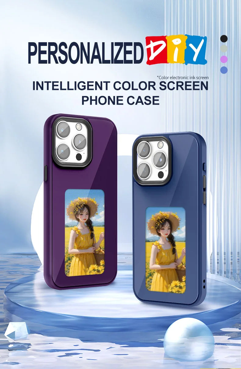 Custodia NFC per iPhone con display E-Ink (senza batteria, 4 colori, compatibile con iPhone 13–16 Pro Max)